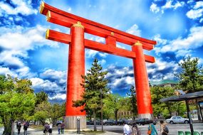 Heian Shrine Torii Gate Kyoto Japan Sky Cl